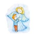 Watercolor painting angel hugs boy